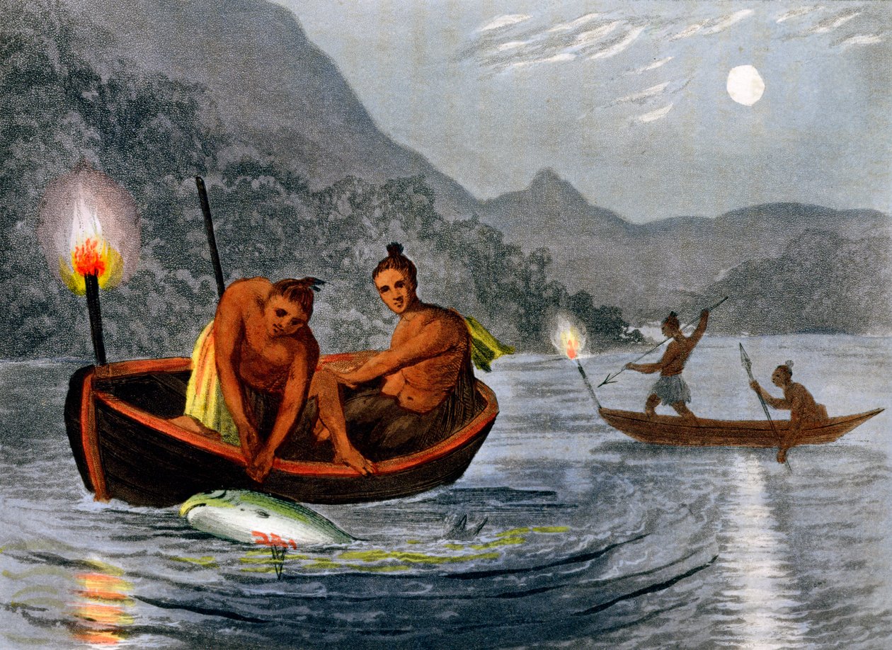 1813 में उत्तरी अमेरिका में मशाल की रोशनी में मछली पकड़ते अमेरिकी मूल-निवासी द्वारा एच नोटिस