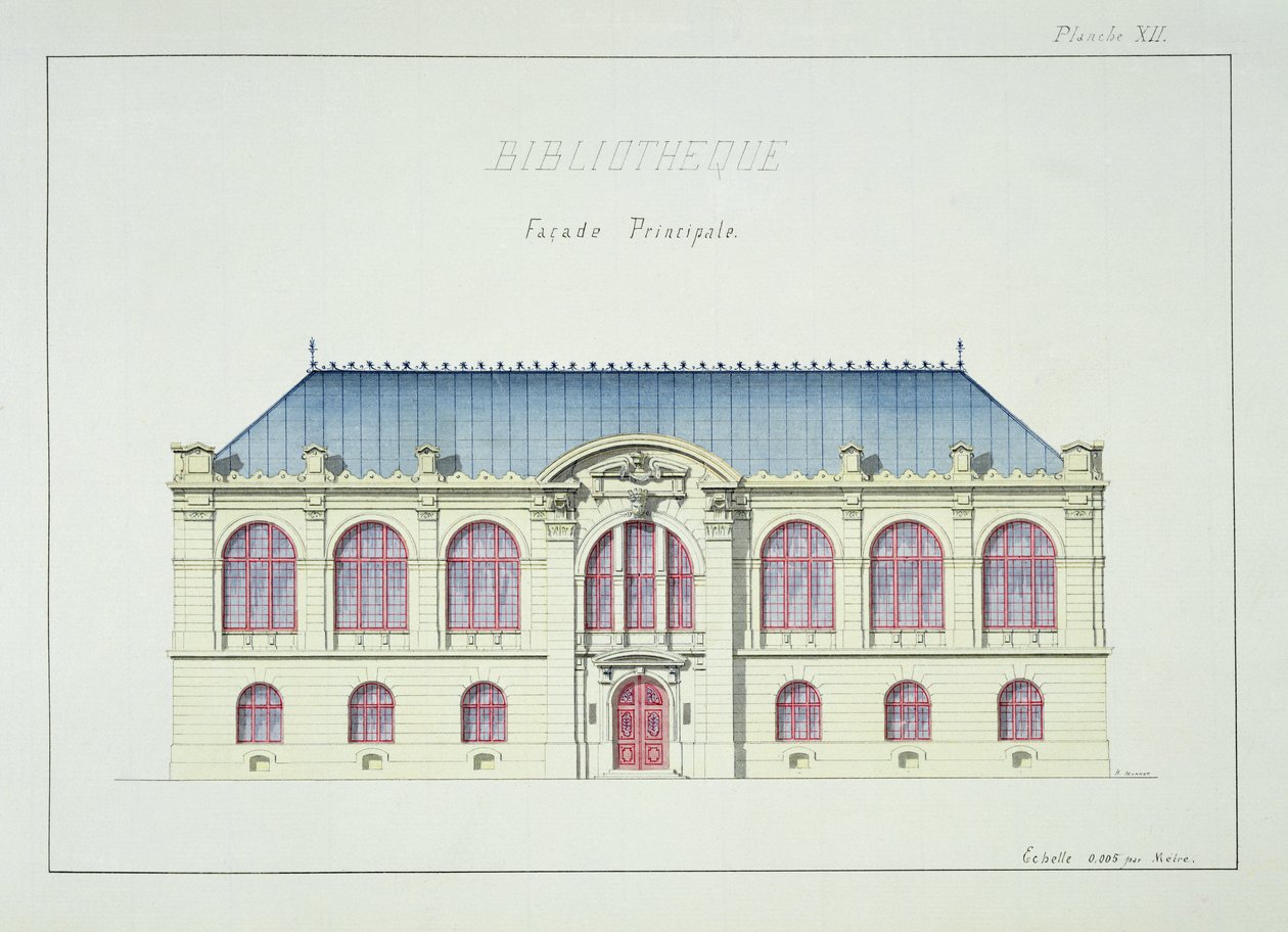 लाइब्रेरी का मुख्य पहलू, डिजाइनों के एक फोलियो से प्लेट XII, c.1870 द्वारा एच। मोननॉट