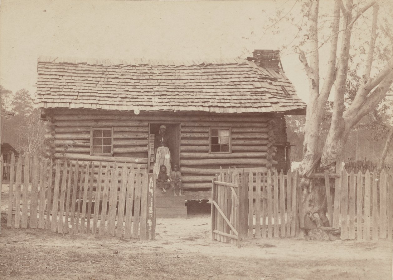 1880 के दशक में जॉर्जिया में एक लॉग हाउस के सामने एक महिला और दो बच्चों का एल्बमन प्रिंट। द्वारा एचएस क्लार्क