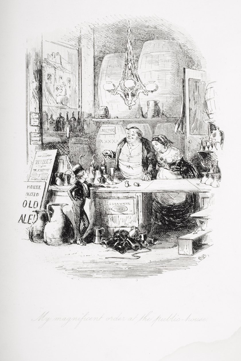 सार्वजनिक घर पर एक शानदार आदेश, चार्ल्स डिकेंस (1812-70) द्वारा &39;डेविड कॉपरफील्ड&39; का चित्रण पहली बार 1850 में प्रकाशित हुआ द्वारा हबलोत नाइट ब्राउन
