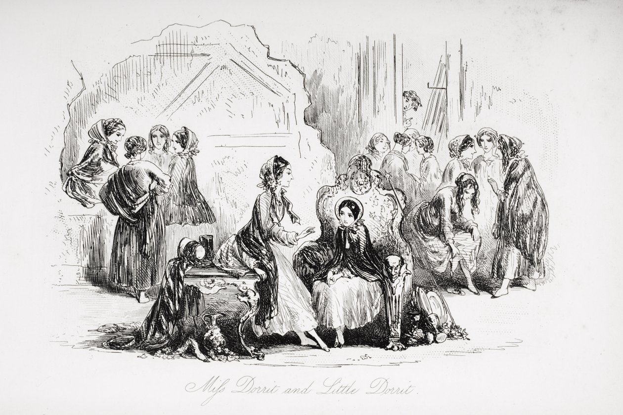 मिस डोरिट और लिटिल डोरिट, चार्ल्स डिकेंस (1812-70) द्वारा &39;लिटिल डोरिटि&39; का चित्रण पहली बार 1857 में प्रकाशित हुआ द्वारा हबलोत नाइट ब्राउन