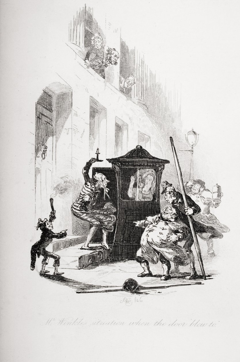 मिस्टर विंकल की स्थिति जब दरवाजा उड़ाती है, चार्ल्स डिकेंस (1812-70) द्वारा `द पिकविक पेपर्स &39;से 1837 में प्रकाशित चित्रण द्वारा हबलोत नाइट ब्राउन
