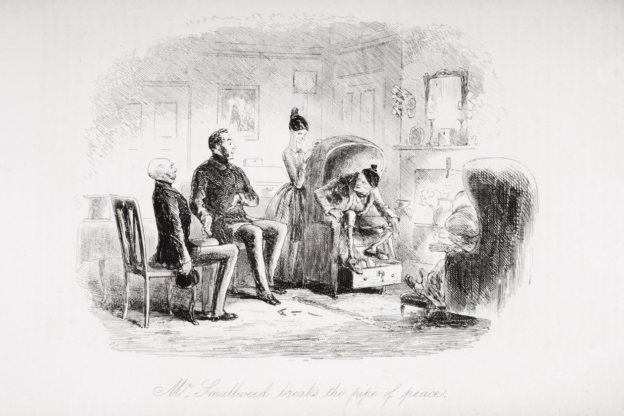 मिस्टर स्मॉलवीड ने शांति के पाइप को तोड़ दिया, चार्ल्स डिकेंस (1812-70) द्वारा &39;ब्लेक हाउस&39; से 1853 में प्रकाशित चित्रण द्वारा हबलोत नाइट ब्राउन