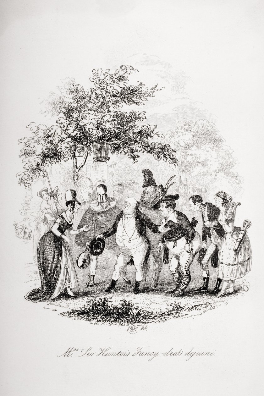 मिसेज लियो हंटर की फैंसी-ड्रेस डीजीन, चार्ल्स डिकेंस (1812-70) द्वारा `द पिकविक पेपर्स &39;का चित्रण 1837 प्रकाशित द्वारा हबलोत नाइट ब्राउन