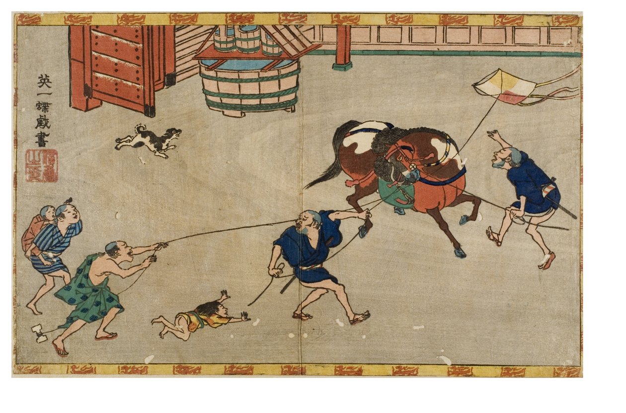 पतंग से चौंका घोड़ा, c.1830-1839 (कागज पर वुडब्लॉक प्रिंट) द्वारा हनबुसा इचो