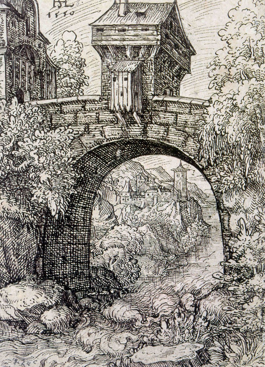 ब्रिज गेट और पानी वाला ग्रामीण इलाका, c.1550 (नक़्क़ाशी) द्वारा हैंस सेबाल्ड लॉटेंसैक