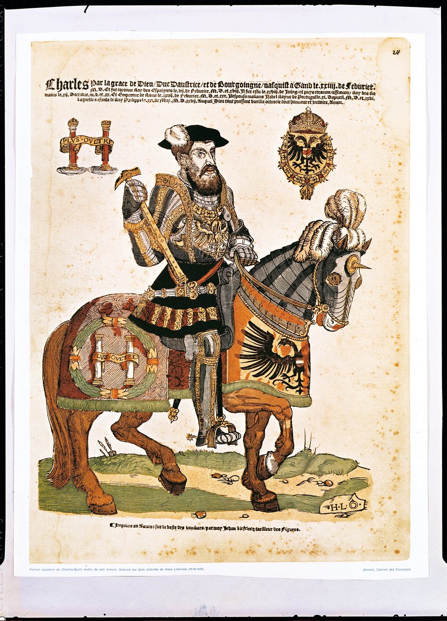 कवच (1500-58) में चार्ल्स वी का अश्वारोही चित्र (रंग उत्कीर्णन) द्वारा हंस लिफ्रीनक