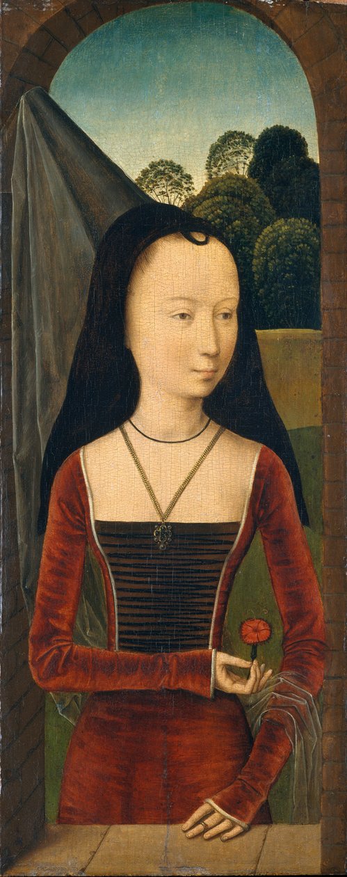 एक गुलाबी के साथ युवा महिला, c.1485-90 (लकड़ी पर तेल) द्वारा हंस (attr.to) मेमलिंग