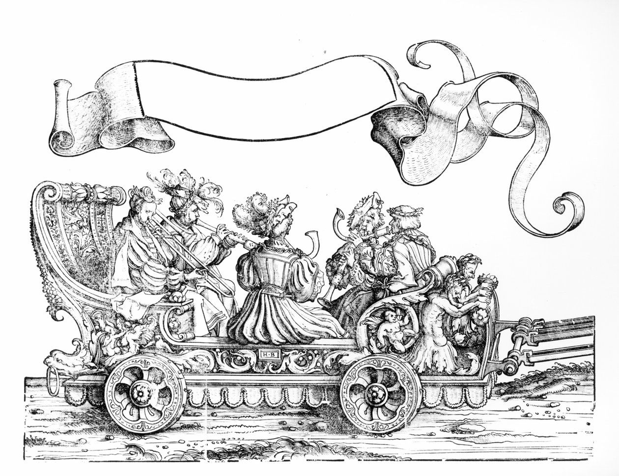 मैक्सिमिलियन के विजयी जुलूस का दृश्य, c.1516-18 (वुडकट) (bw फोटो) द्वारा हंस बर्गकमेयर