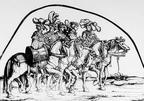 मैक्सिमिलियंस ट्रम्पल जुलूस से ड्रमर्स की एक मंडली, c.1516-18 द्वारा हंस बर्गकमेयर