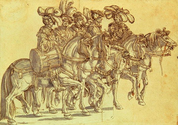 घोड़े की पीठ पर पांच ड्रमर, c.1500 (कलम और स्याही और कागज पर धोएं) द्वारा हंस बर्गकमेयर
