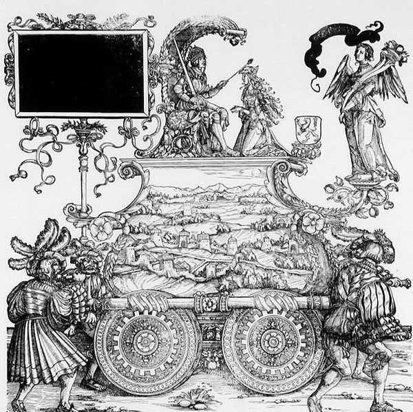 मैक्सिमिलियन के विजयी जुलूस का दृश्य, c.1516-18 (वुडकट) (b/w फोटो) द्वारा हंस बर्गकमेयर