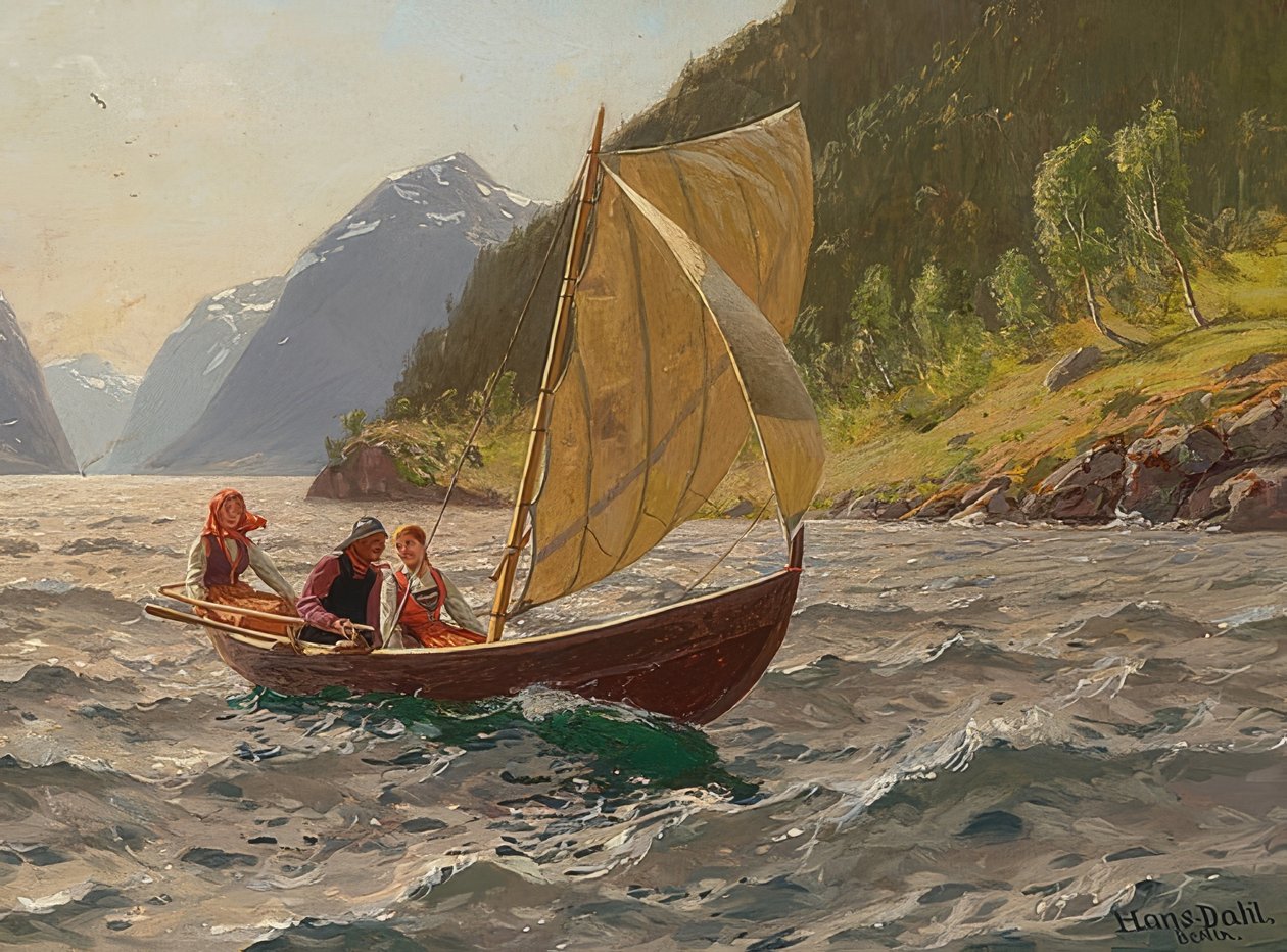नॉर्वेजियन fjord परिदृश्य में नौकायन द्वारा हंस डाहली