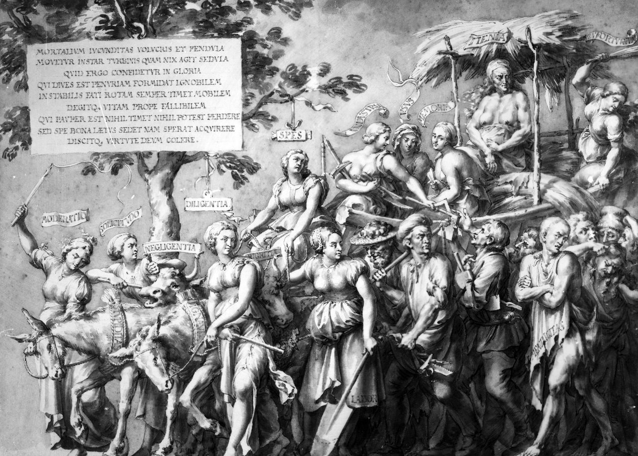 गरीबी की जीत, जन डे बिस्चॉप द्वारा खींची गई, c.1650 (कलम, कागज पर स्याही से धोना) द्वारा हंस होल्बिन द यंगर