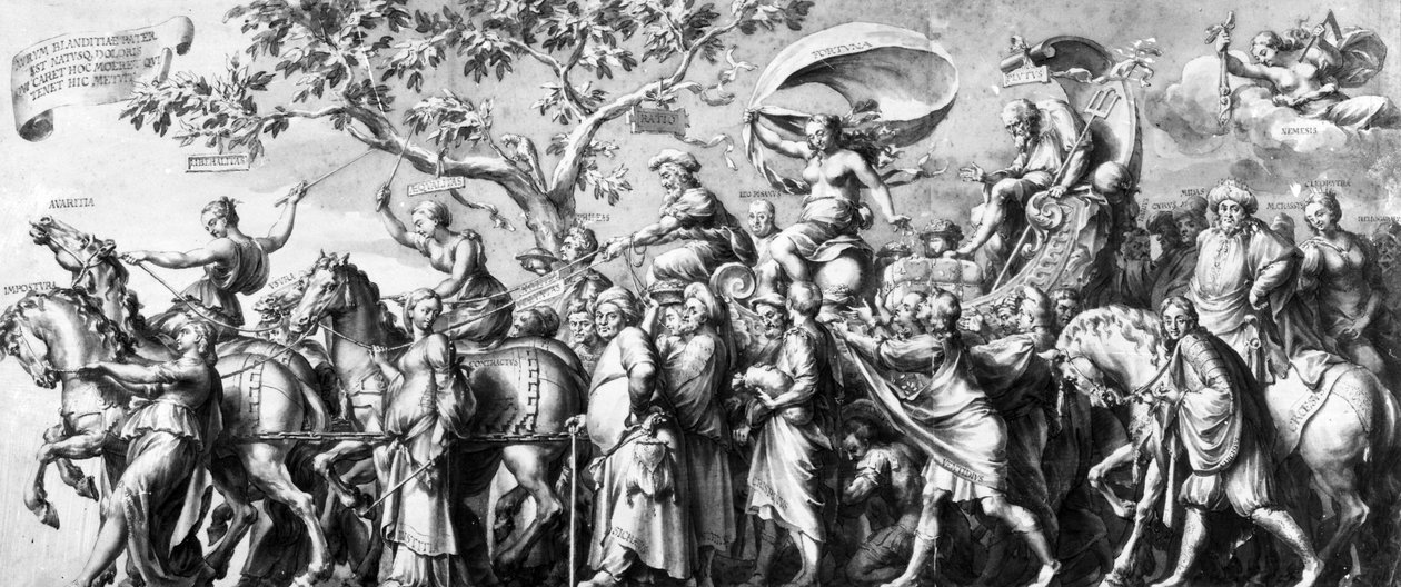 ट्राइंफ ऑफ रिचेस, जो जन डे बिस्चॉप द्वारा तैयार की गई है, c.1650 (कलम, कागज पर स्याही से धोना) द्वारा हंस होल्बिन द यंगर