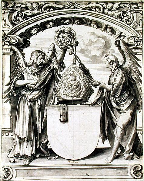 कांच की पेंटिंग के लिए डिजाइन, c.1520 (कागज पर काले चाक के साथ पेन और ग्रे वॉश) द्वारा हंस होल्बिन द यंगर