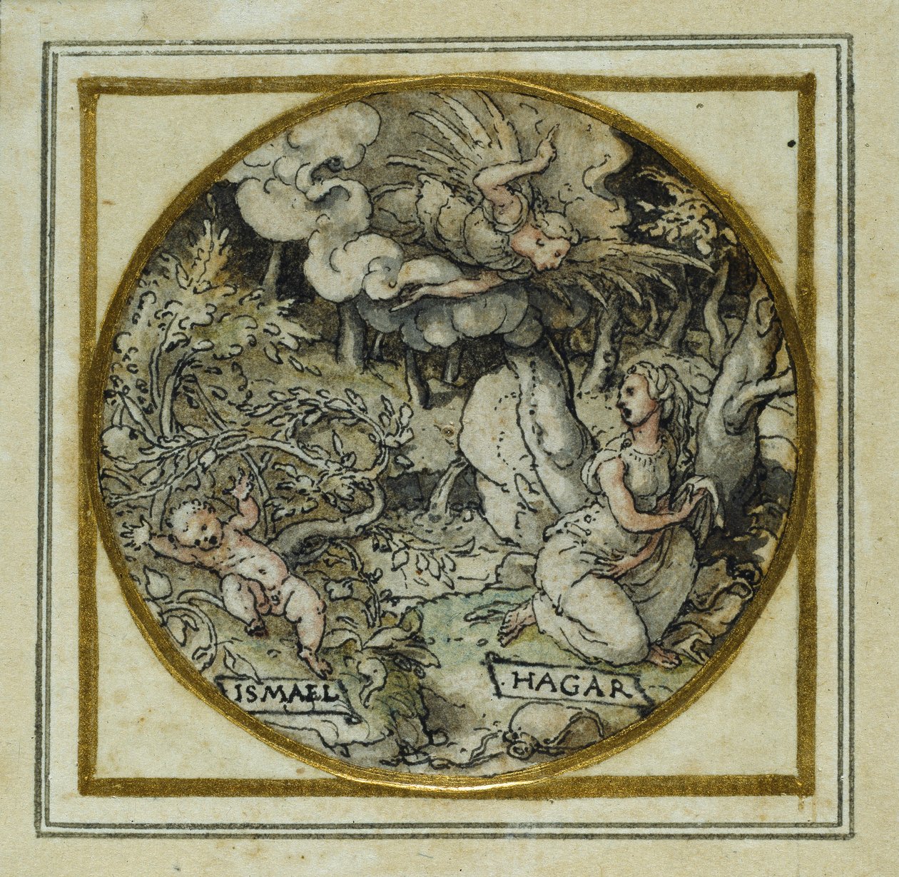 हैगर और इश्माएल - एक लटकन या टोपी बैज के लिए डिजाइन, c.1532-43 (कागज पर कलम और स्याही) द्वारा हंस होल्बिन द यंगर