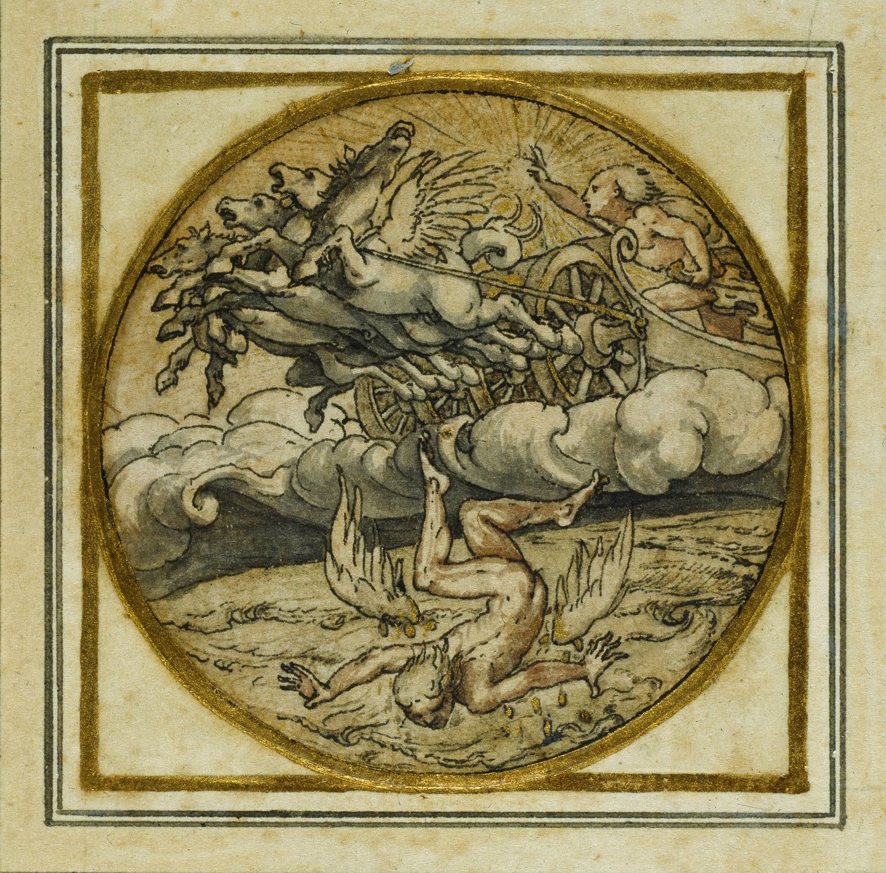 इकारस का पतन - एक लटकन या टोपी बैज के लिए डिजाइन, c.1532-43 (कागज पर कलम और स्याही) द्वारा हंस होल्बिन द यंगर