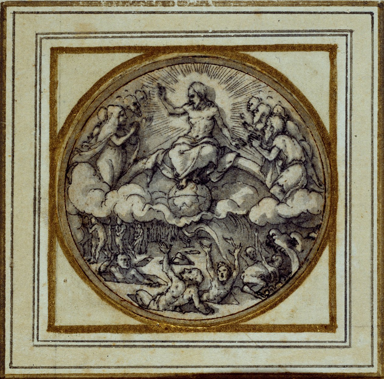 द लास्ट जजमेंट - पेंडेंट या हैट बैज के लिए डिज़ाइन, c.1532-43 (कागज पर कलम और स्याही) द्वारा हंस होल्बिन द यंगर