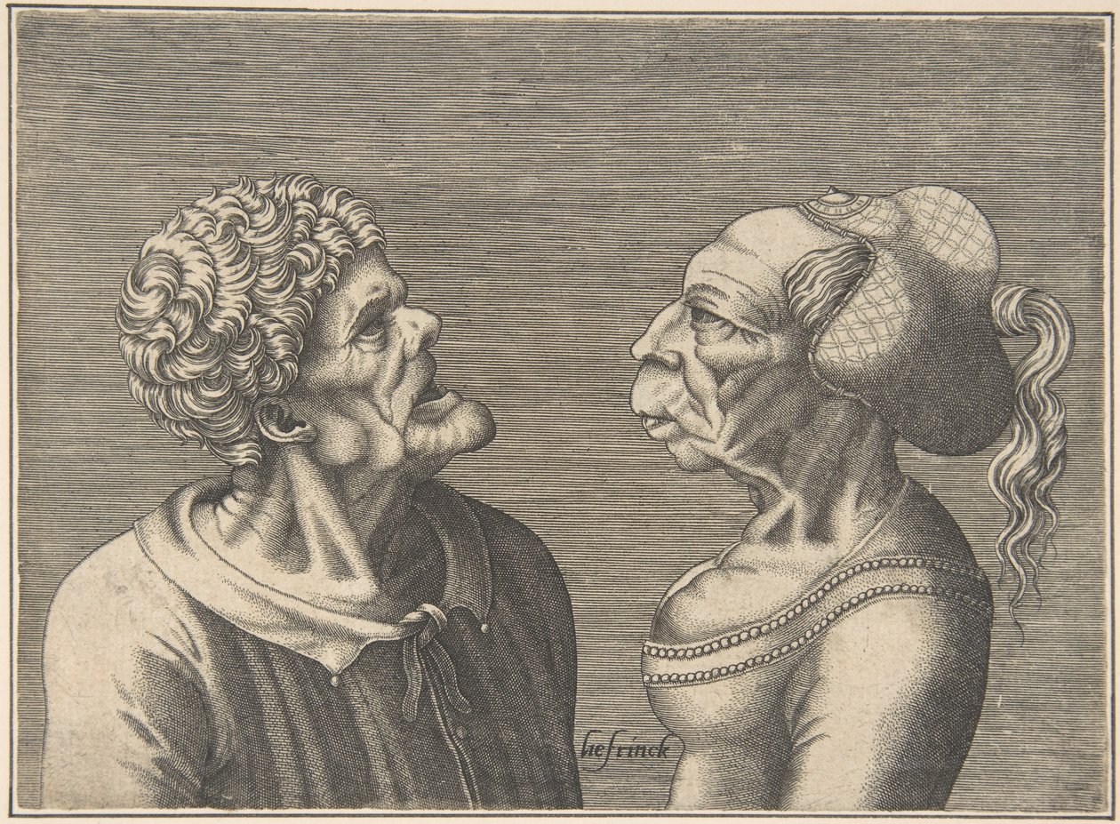 टू ग्रोटेस्क हेड्स, 1538-73। द्वारा हंस लिफ्रीनक