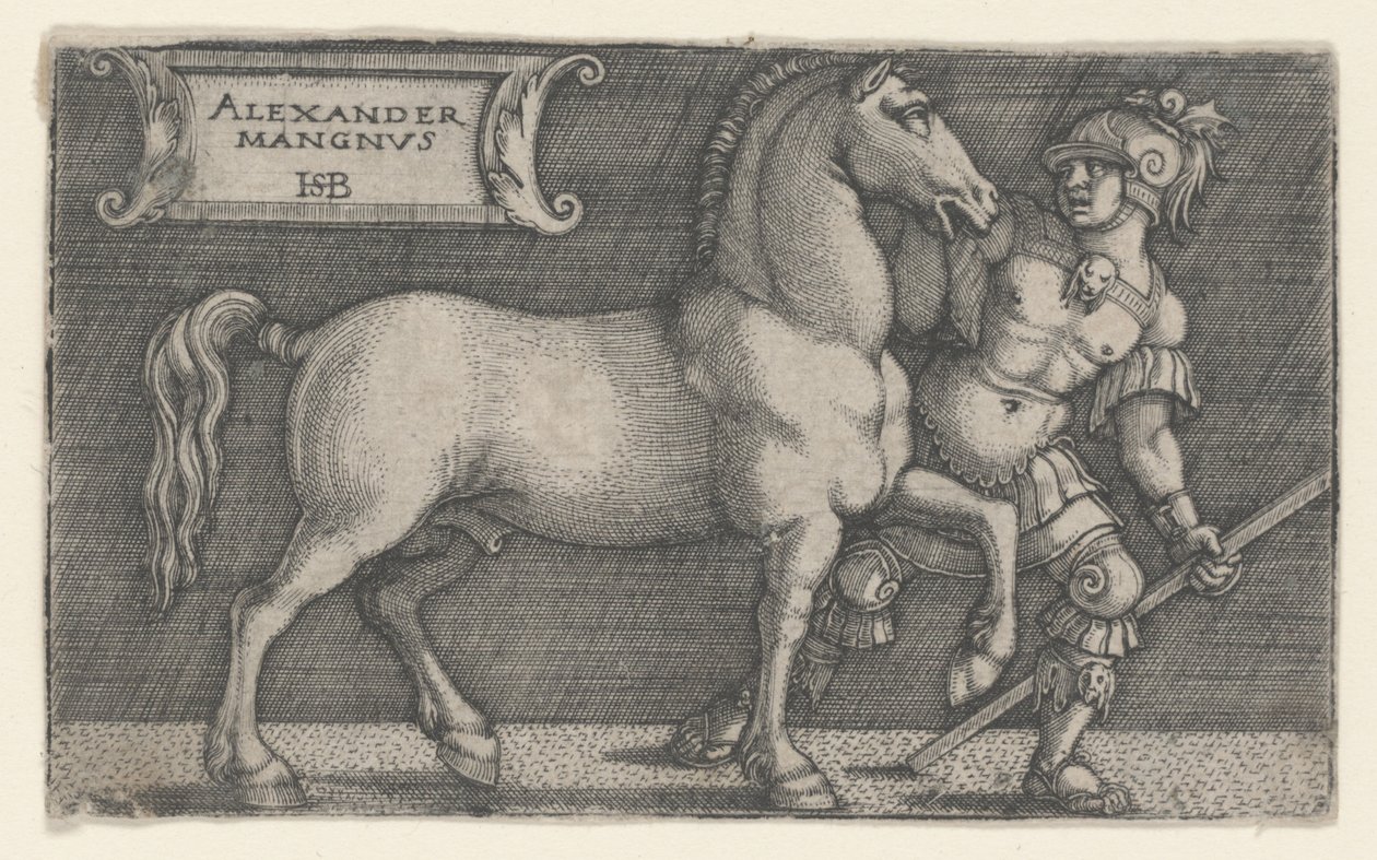 अलेक्जेंडर द ग्रेट लीडिंग ब्यूफालस, c.1531-1550 (उत्कीर्णन) द्वारा हंस सेबाल्ड बेहम