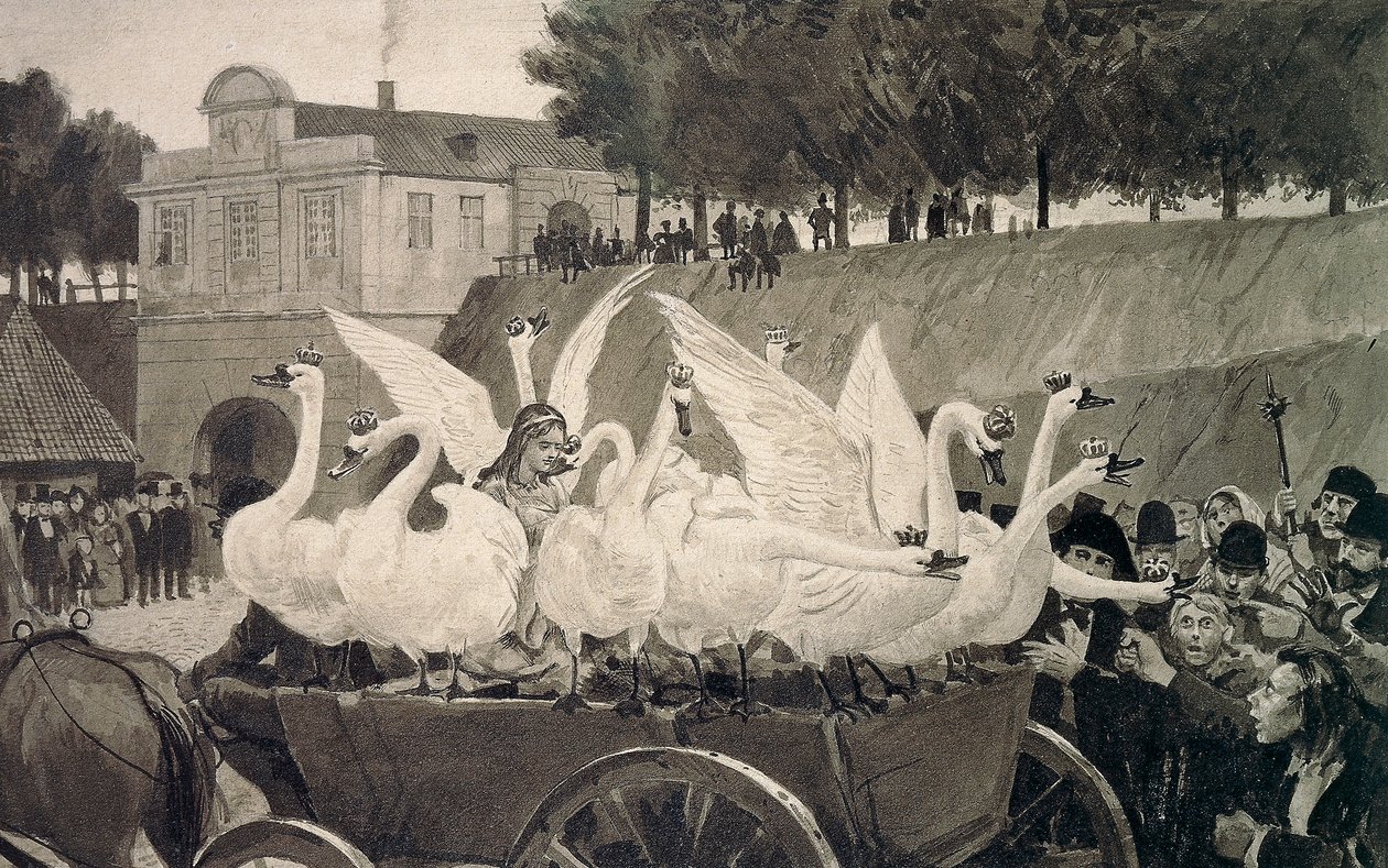 जंगली हंस, हंस क्रिस्चियन एंडरसन (1805-1875) द्वारा परी कथा के लिए हैंस टेग्नर (1853-1932) द्वारा चित्रण द्वारा हंस टेगनर