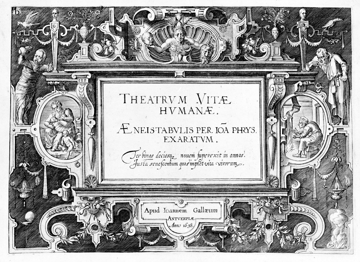 जोहान्स वेरिएक्स (1549-c.1618) द्वारा उत्कीर्ण &39;थिएट्रम विटाये हमाने&39; का शीर्षक-पृष्ठ 1638 में फिर से छपा द्वारा हंस या जन वेडरमैन डे व्रीस