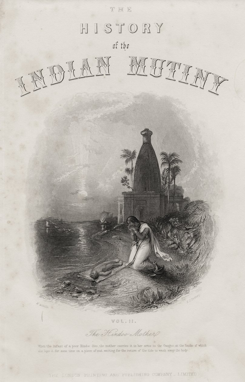 ईजे पोर्टबरी द्वारा उकेरी गई द हिंडू मदर, 1858 में प्रकाशित &39;द हिस्ट्री ऑफ द इंडियन म्यूटिनी&39; से शीर्षक पृष्ठ द्वारा हार्डन सिडनी मेलविले