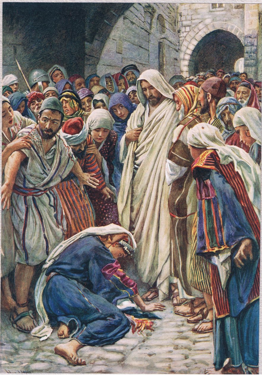 द रिलिजियस ट्रैक्ट सोसाइटी द्वारा प्रकाशित 'बाइबल की महिला' से चित्रण, अपने परिधान के शीर्ष को छूने वाली महिला द्वारा हेरोल्ड मैथुन