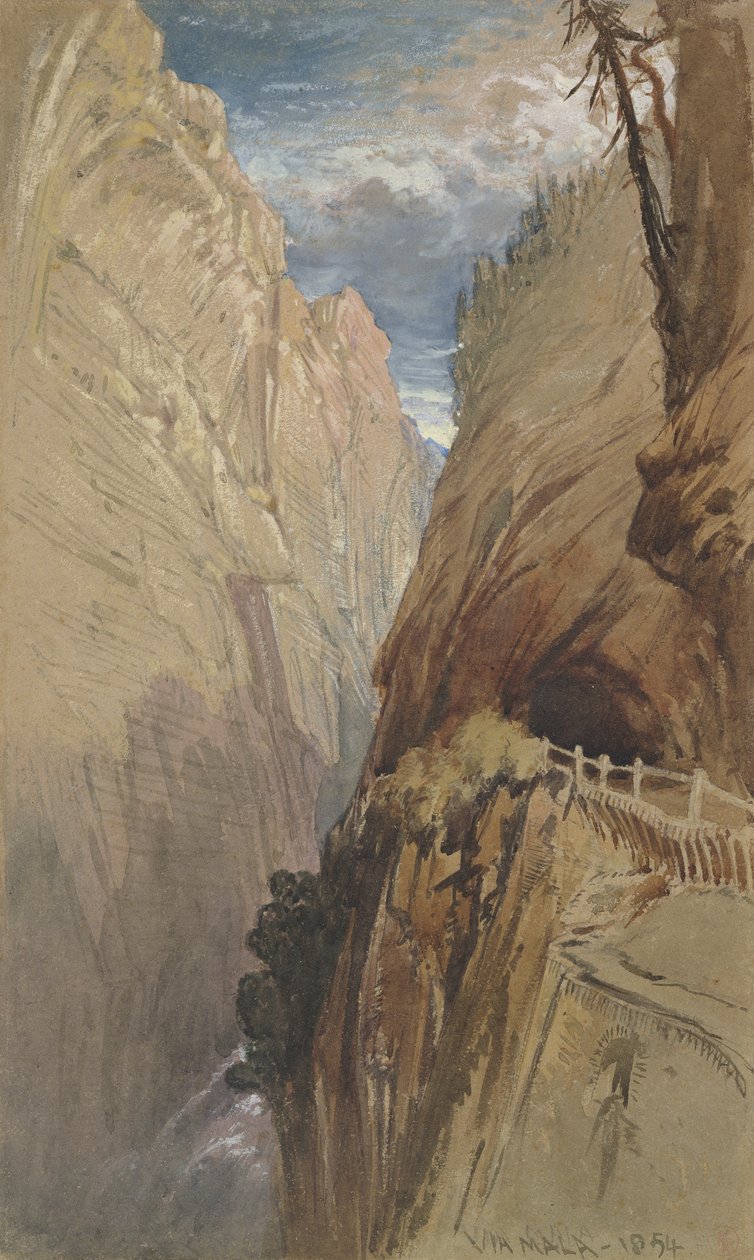 वाया माला, स्विट्ज़रलैंड, 1854, (wc & bodycolour on grey paper द्वारा हैरी जॉन जॉनसन