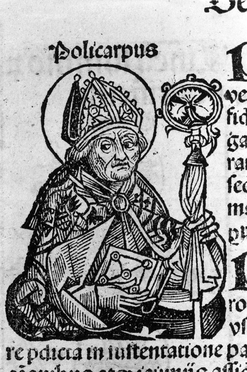 स्मिर्ना के सेंट पॉलीकार्प का पोर्ट्रेट (ca. 69-155), eveque। Schedel Hartmann (1440-1514) द्वारा "" क्रॉनिकल्स ऑफ़ नूर्नबर्ग"" से उत्कीर्णन द्वारा हार्टमैन शेडेल