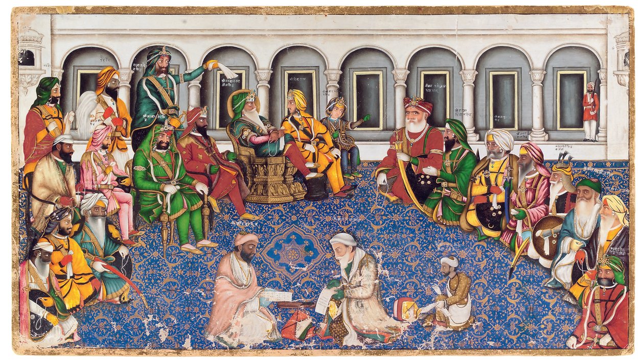 महाराजा रणजीत सिंह के दरबार, c.1850 (कागज पर अपारदर्शी wc und सोना द्वारा हसन अल दीन