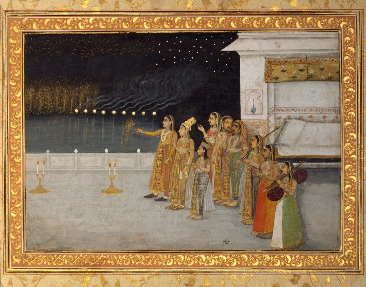 शाही हरम की महिलाएं शब-ए बारा की रात मनाती हैं, 1725-50 (कागज पर अपारदर्शी wc und सोना) द्वारा 