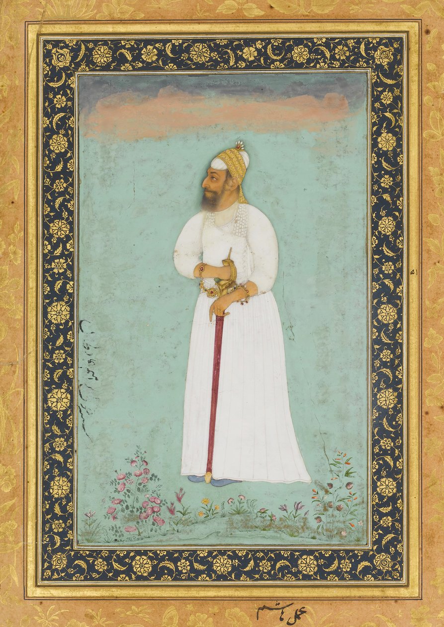 बीजापुर के इब्राहिम 'आदिल शाह द्वितीय का चित्र, शाहजहाँ एल्बम से फोलियो, वर्सो: सीए। 1620 द्वारा हाशिम