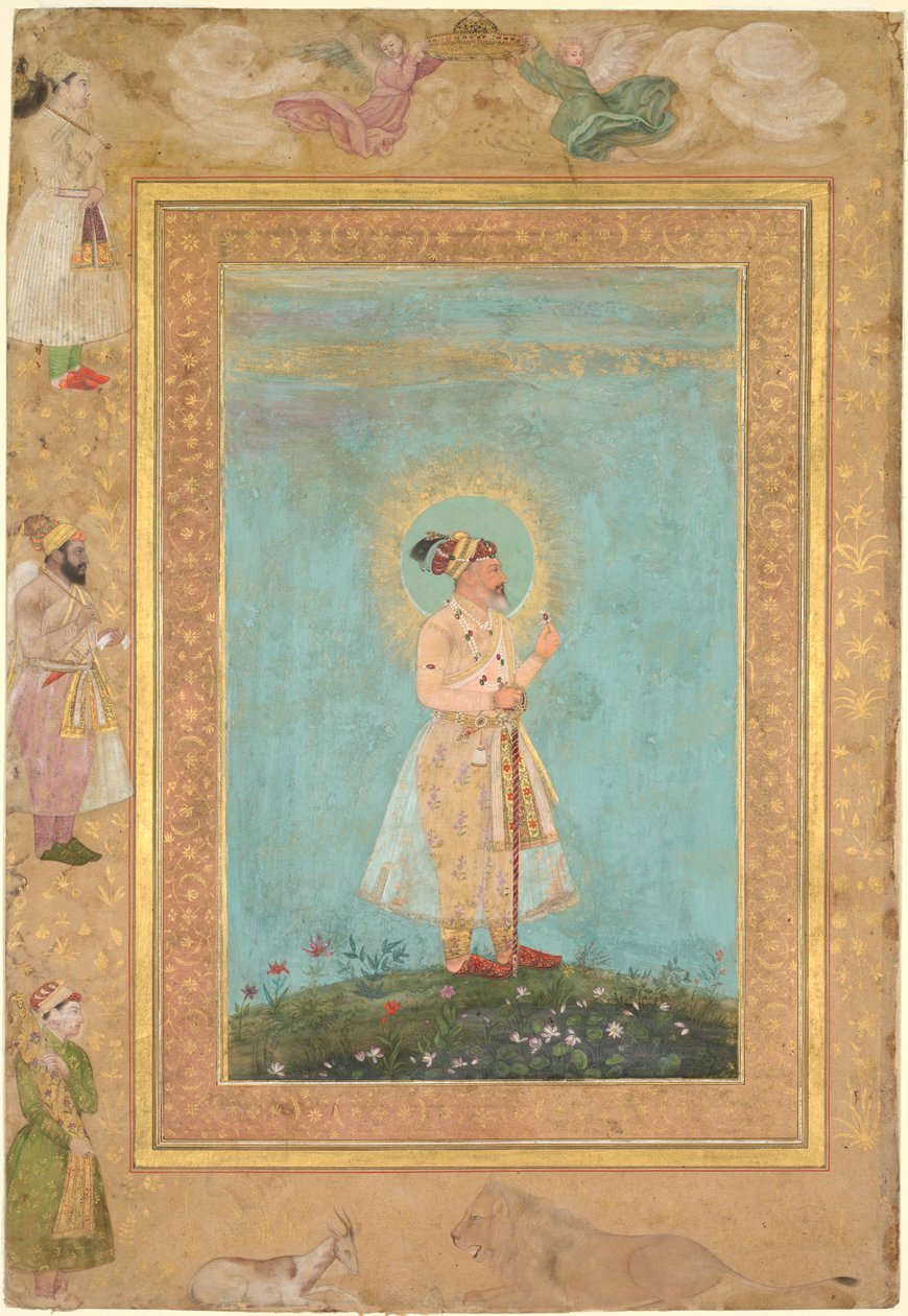 स्वर्गीय शाहजहाँ एल्बम से शाहजहाँ एक स्पिनल और एक लंबी डेक्कन तलवार पकड़े हुए, c. 1650. द्वारा हाशिम