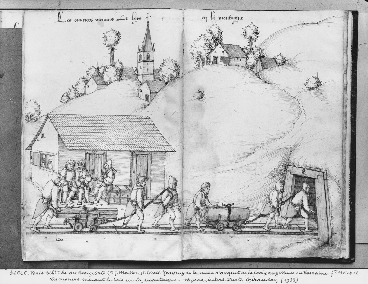 La Croix-aux-Mines, Lorraine, fol.11v और fol.12r की खदान, खदान में लकड़ी लाने वाले खनिक, c.1530 (कागज पर पेन und स्याही und wc) द्वारा हेनरिक ग्रॉस या ग्रॉफ़