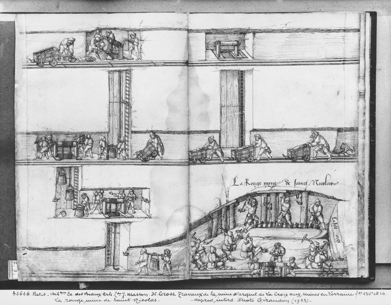 La Croix-aux-Mines की रजत खदान, लोरेन, fol.13v और fol 14r, सेंट निकोलस की लाल खदान, c.1530 (कागज पर पेन und स्याही und wc) द्वारा हेनरिक ग्रॉस या ग्रॉफ़
