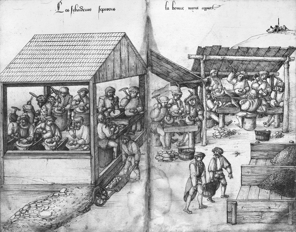 La Croix-aux-Mines, Lorraine, fol.15v और fol.16r की खदान, अयस्क को छांटने वाले खनिक, c.1530 (कागज पर पेन und स्याही und wc) द्वारा हेनरिक ग्रॉस या ग्रॉफ़
