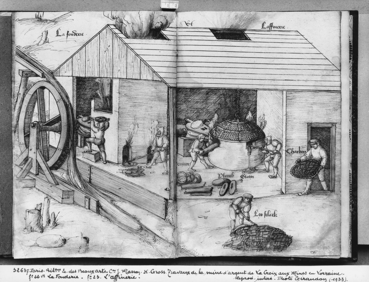 La Croix-aux-Mines, Lorraine, fol.22v और fol.23r की चांदी की खान, फाउंड्री और रिफाइनिंग, c.1530 (कागज पर पेन und स्याही und wc) द्वारा हेनरिक ग्रॉस या ग्रॉफ़