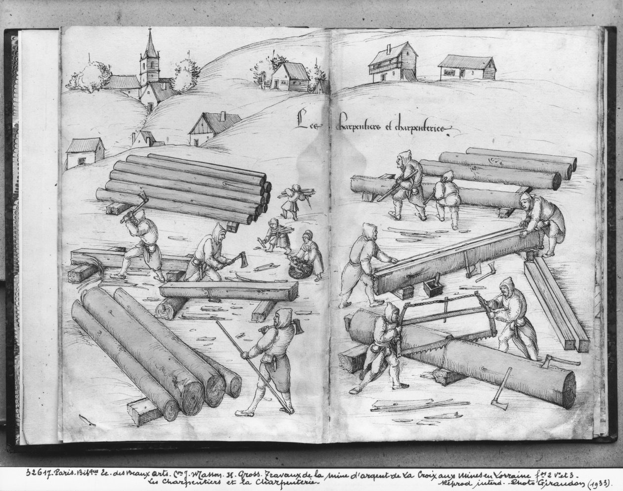 La Croix-aux-Mines, Lorraine, fol.2v और fol.3r, बढ़ई और बढ़ईगीरी की चांदी की खान, c.1530 (कागज पर पेन und स्याही und wc) द्वारा हेनरिक ग्रॉस या ग्रॉफ़