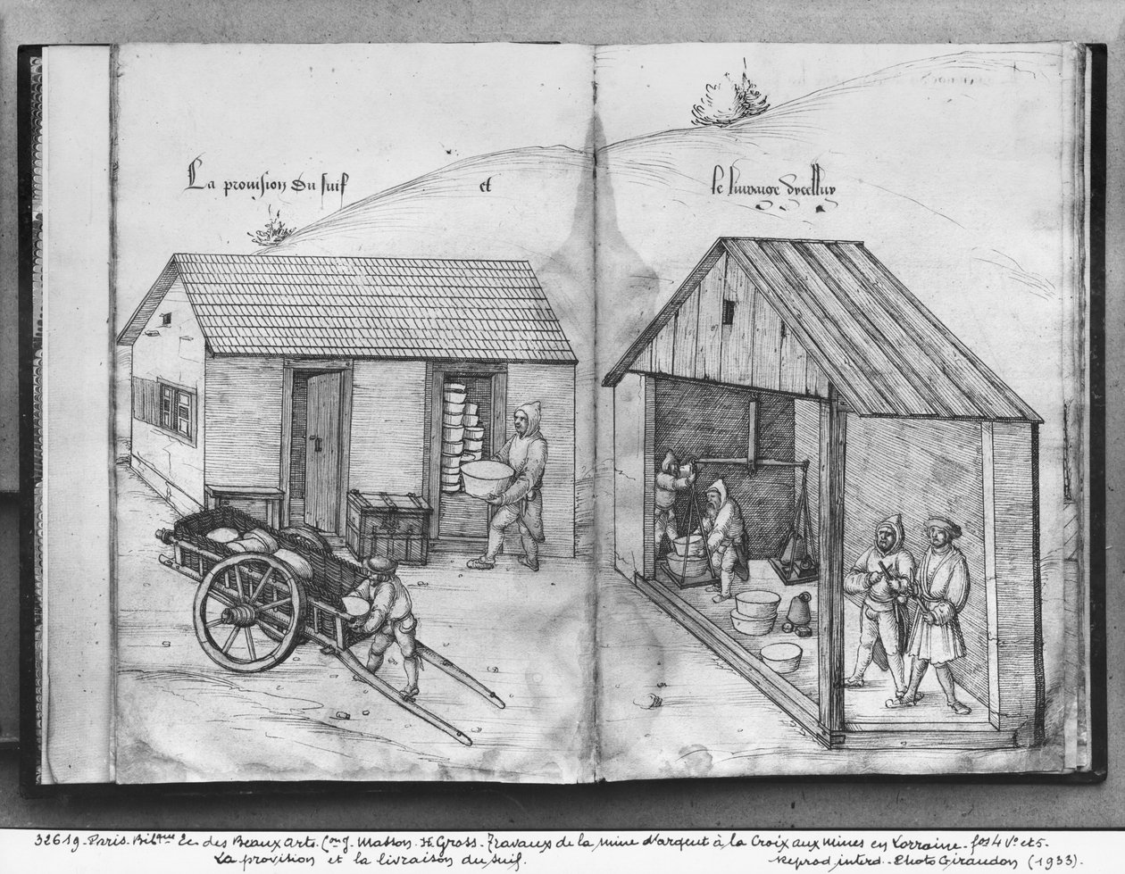 La Croix-aux-Mines, Lorraine, fol.4v और fol.5r की चांदी की खदान, आपूर्ति और लम्बाई की आपूर्ति, c.1530 (कागज पर पेन und स्याही und wc) द्वारा हेनरिक ग्रॉस या ग्रॉफ़