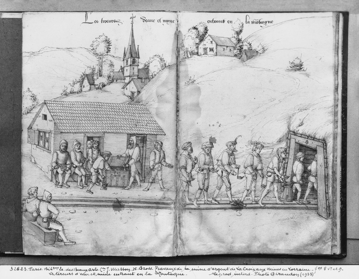 La Croix-aux-Mines, Lorraine, fol.8v और fol.9r की खदान, खदान में प्रवेश करने वाले खनिक, c.1530 (कागज पर पेन und स्याही und wc) द्वारा हेनरिक ग्रॉस या ग्रॉफ़