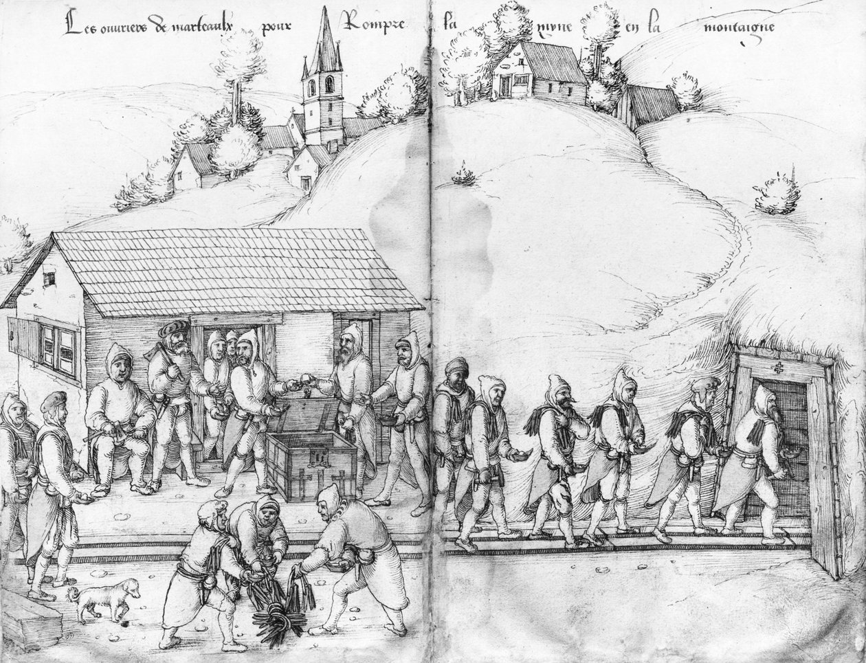 La Croix-aux-Mines, Lorraine, fol.9v और fol.10r, खनिकों और उनके हथौड़ों की चांदी की खान, c.1530 (कागज पर पेन und स्याही und wc) द्वारा हेनरिक ग्रॉस या ग्रॉफ़