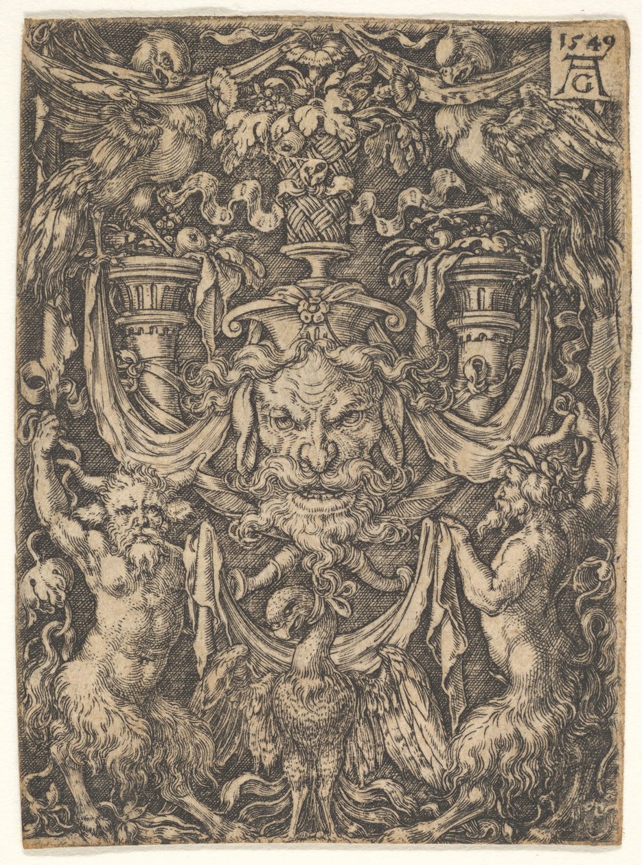 एक मुखौटा के साथ सजावटी डिजाइन और नीचे दो Fauns के बीच एक ईगल, 1549। द्वारा हेनरिक एल्डेग्रेवर