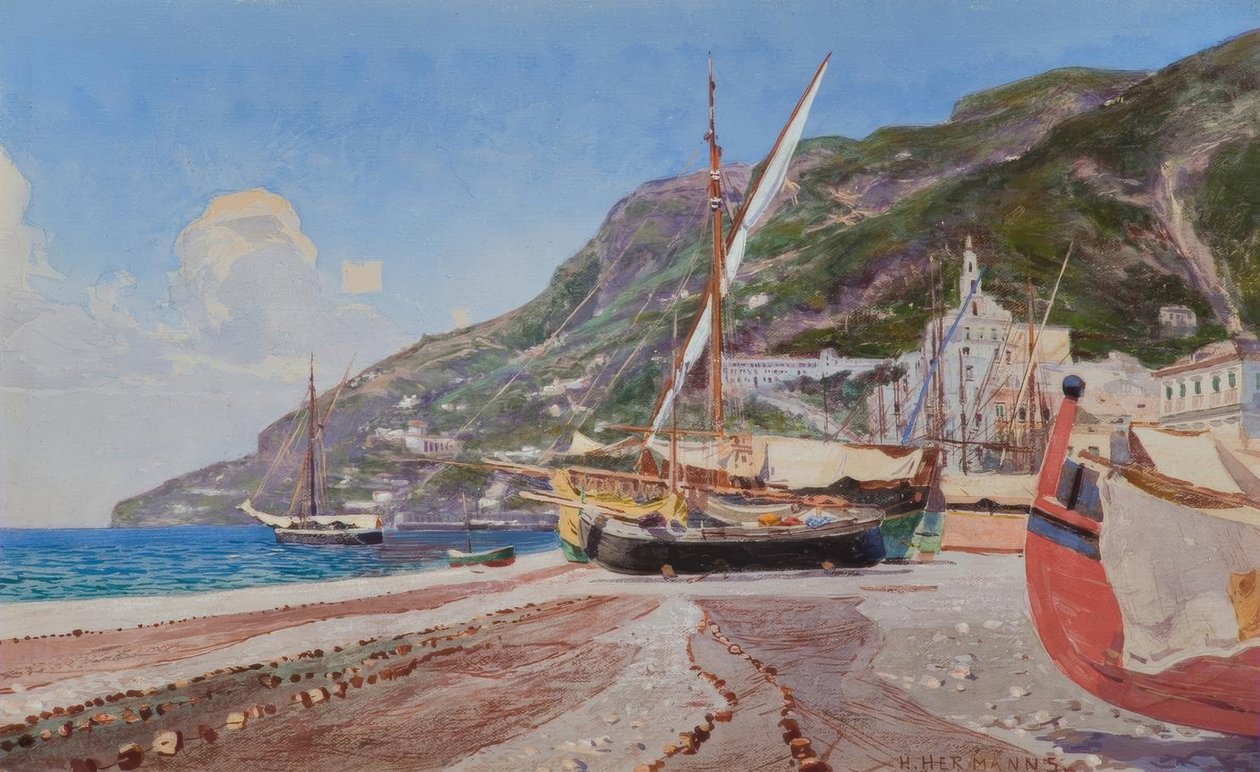 Amalfi, H.Hermanns द्वारा समुद्र तट - वॉटरकलर पर मछली पकड़ने वाली नावें द्वारा हेनरिक हर्मन