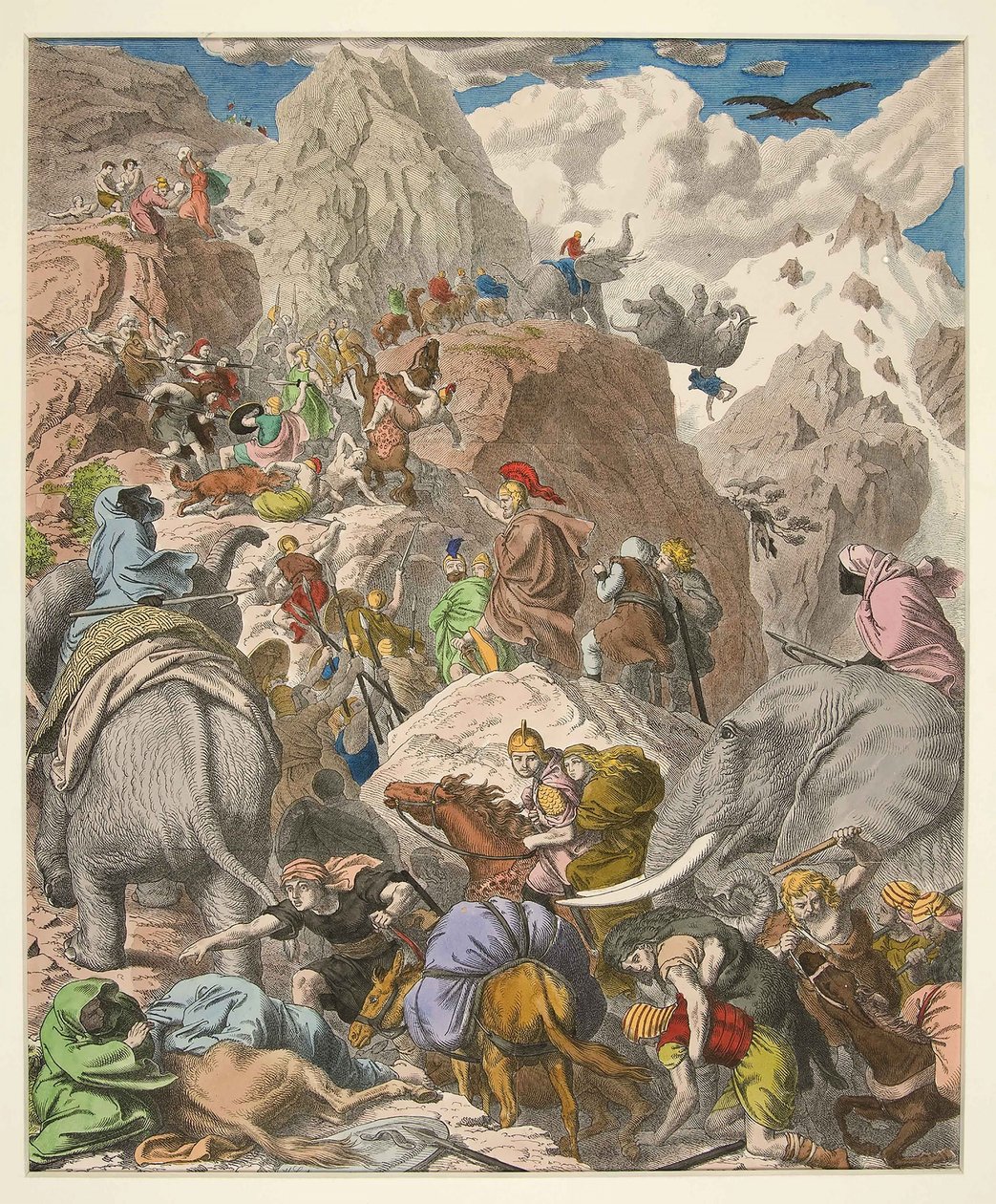 हैनीबल क्रॉसिंग द एल्प्स, पब। 1866 (हाथ के रंग का उत्कीर्णन) द्वारा हेनरिक लेउटेमन