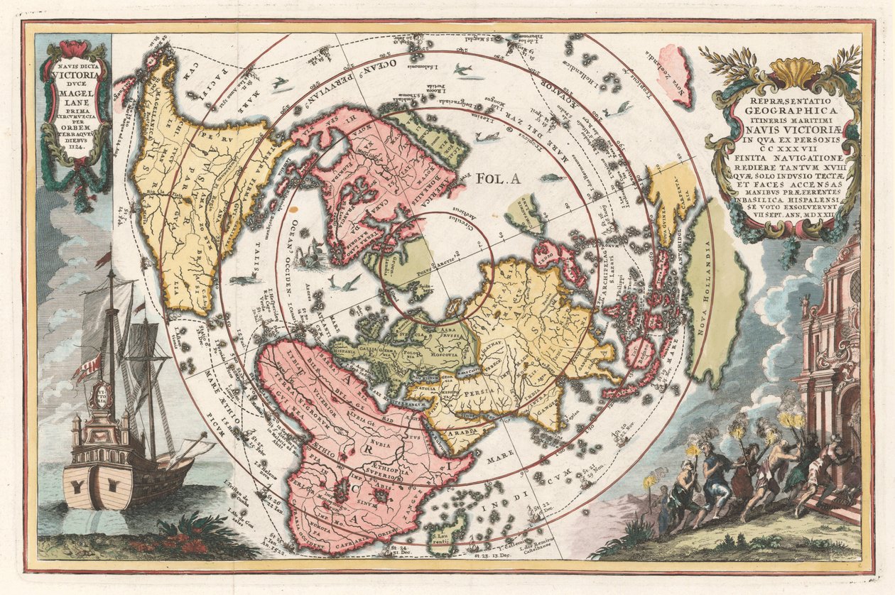 Scherer's Atlas novus, 1702-1703 से मैगलन के जलयात्रा के साथ विश्व मानचित्र द्वारा हेनरिक शेरेर