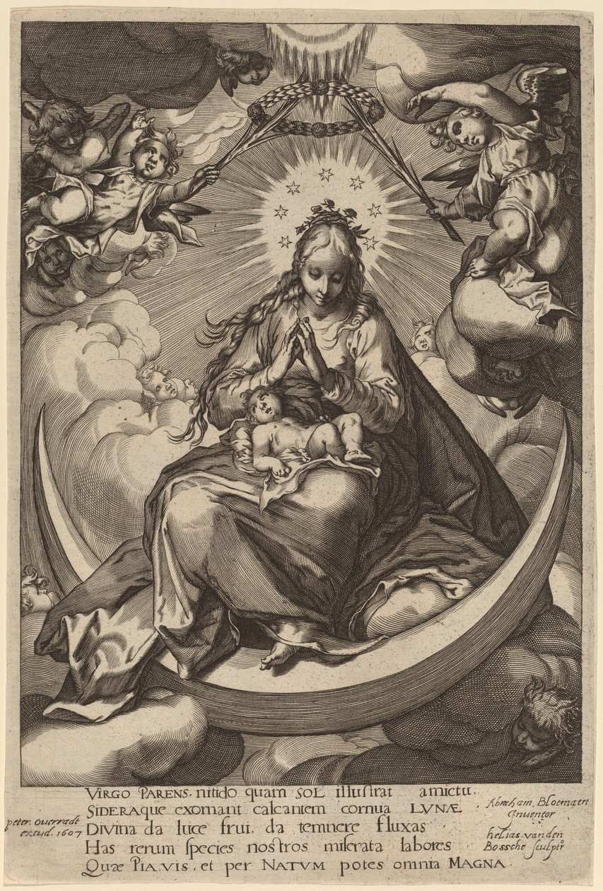 द वर्जिन एंड चाइल्ड ऑन द क्रिसेंट द्वारा अब्राहम ब्लोएमर्ट के बाद हेलियास वैन डेन बॉश
