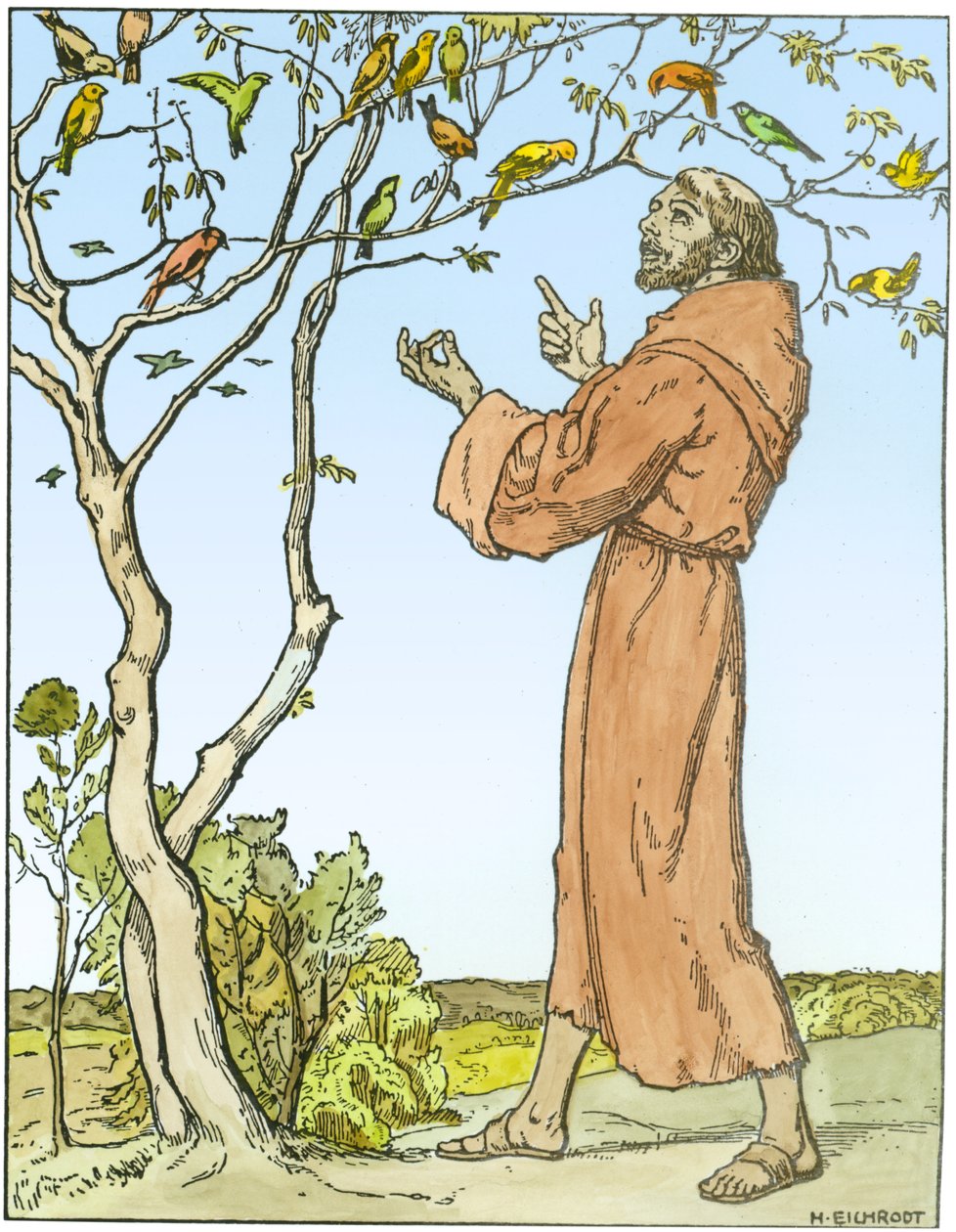 सेंट फ्रांसिस ऑफ असीसी (c.1181-1226) पक्षियों को उपदेश देते हुए (बाद में उपनिवेश) द्वारा हेल्मुट आइच्रोड्ट