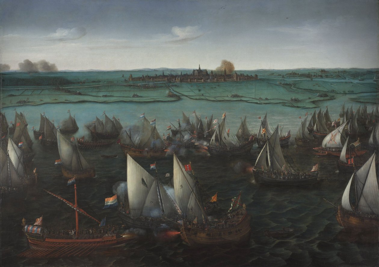 हरलेरमेरियर पर डच और स्पेनिश जहाजों के बीच लड़ाई, c.1629 (कैनवास पर तेल) द्वारा हेंड्रिक कॉर्नेलिस। वरूम